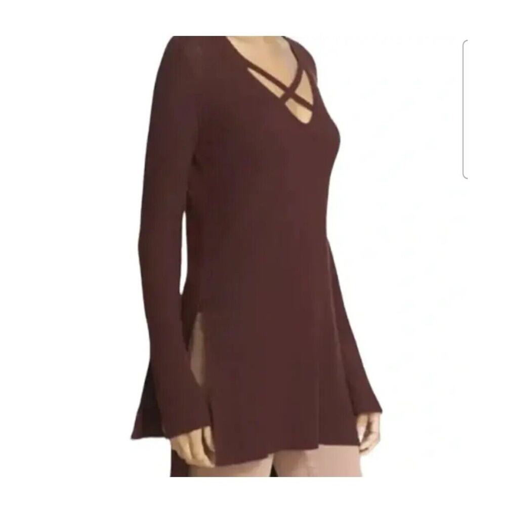 Free People Criss Cross Front Tunic High Low Sweater Size L Brown 14597